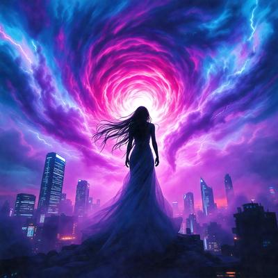 The primary subject of the image is a woman with long hair, standing in a purple and blue sky. She appears to be floating or flying, with her hair flowing behind her. The setting is a futuristic cityscape, with skyscrapers and a cityscape in the background. The visual style is a digital art or illustration, creating a surreal and dreamy atmosphere. The colors and mood are predominantly purple and blue, with a sense of wonder and fantasy.